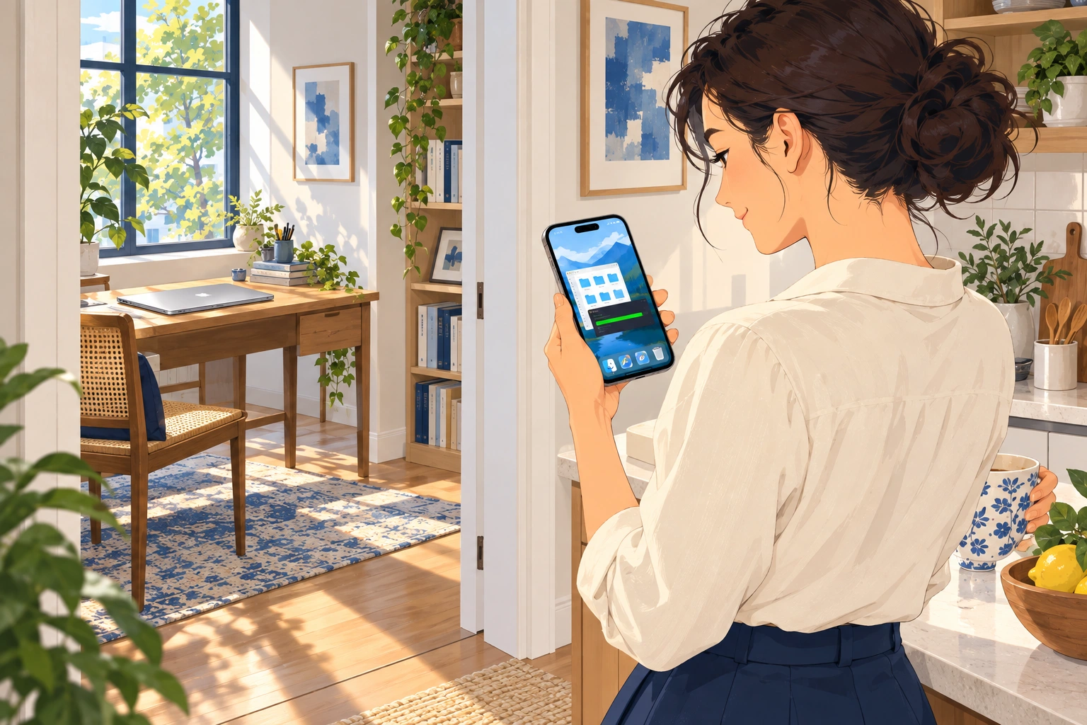 A woman in a sunny kitchen checks a Mac desktop on her iPhone. Through the open doorway, a closed MacBook rests on the desk in the adjoining home office.