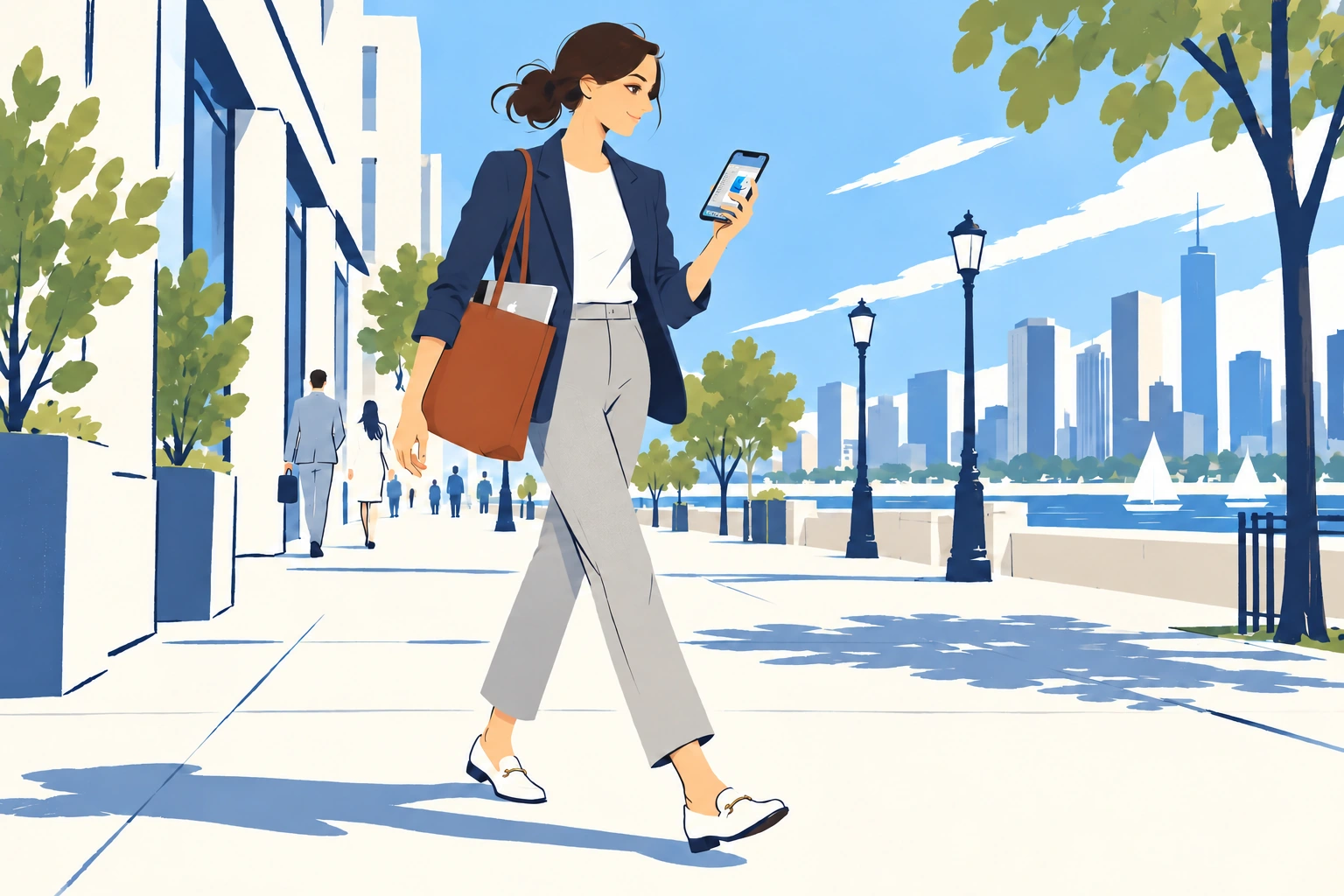 A businesswoman walks along a sunny city street, viewing a Mac desktop with a Finder window and Dock on her iPhone. A closed MacBook is tucked inside her shoulder bag.